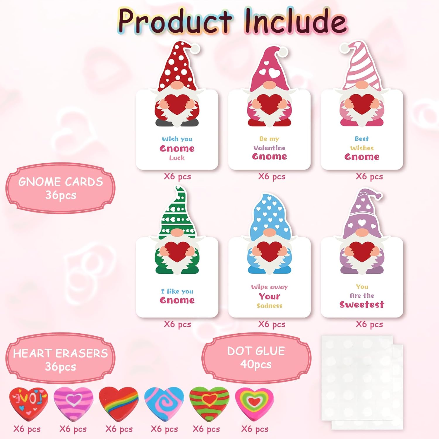 36 Valentines Day Cards - Gnomes Cards Heart Erasers With Valentine'S Day Exchange Card For Girls Boys School Classroom Greeting Gifts