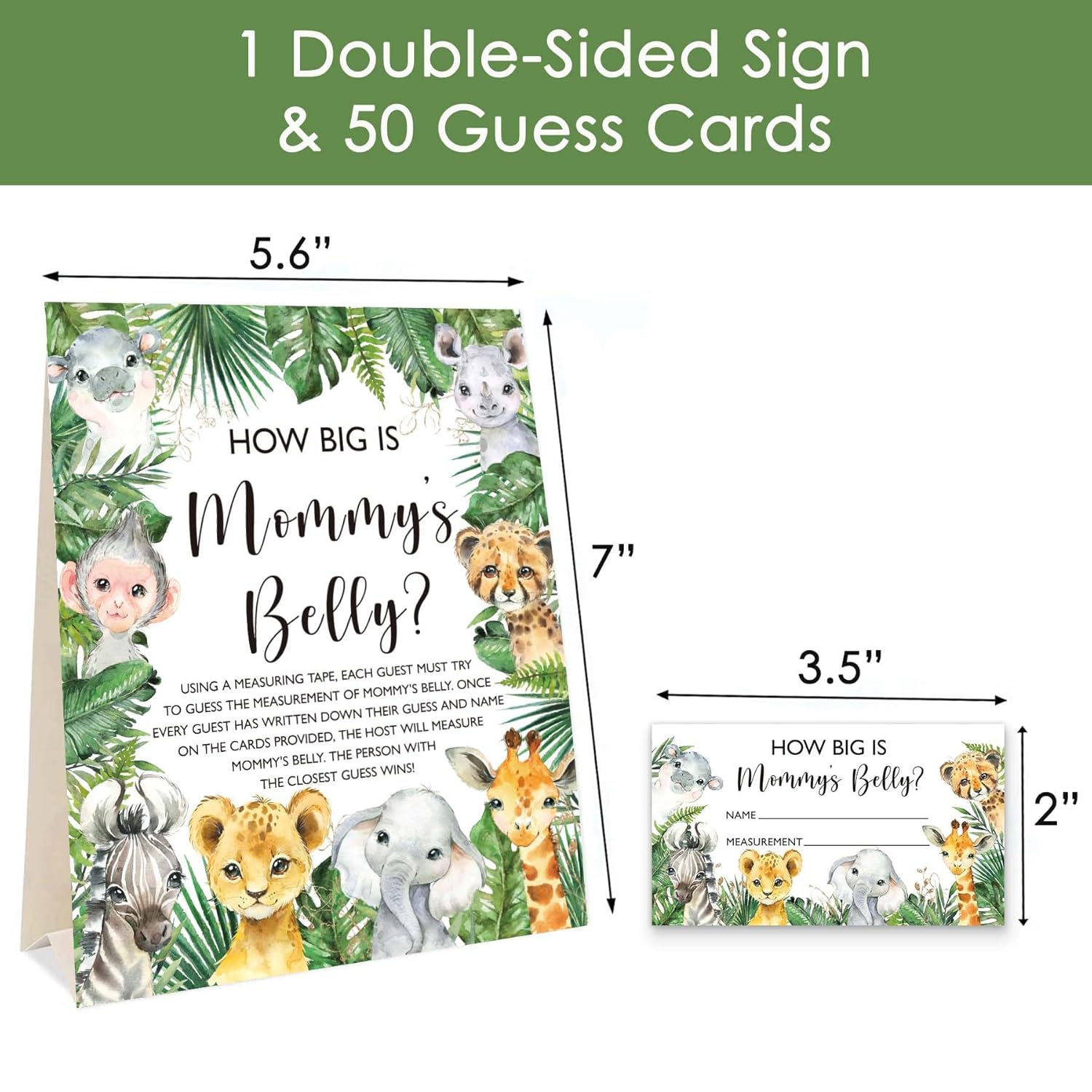 Safari How Big Is Mommy'S Belly Jungle Animals Baby Shower Gender Neutral Game Includes 5.6" X 7" Standing Sign And 50 Guessing Cards, 3 Rolls 60" Measuring Tapes