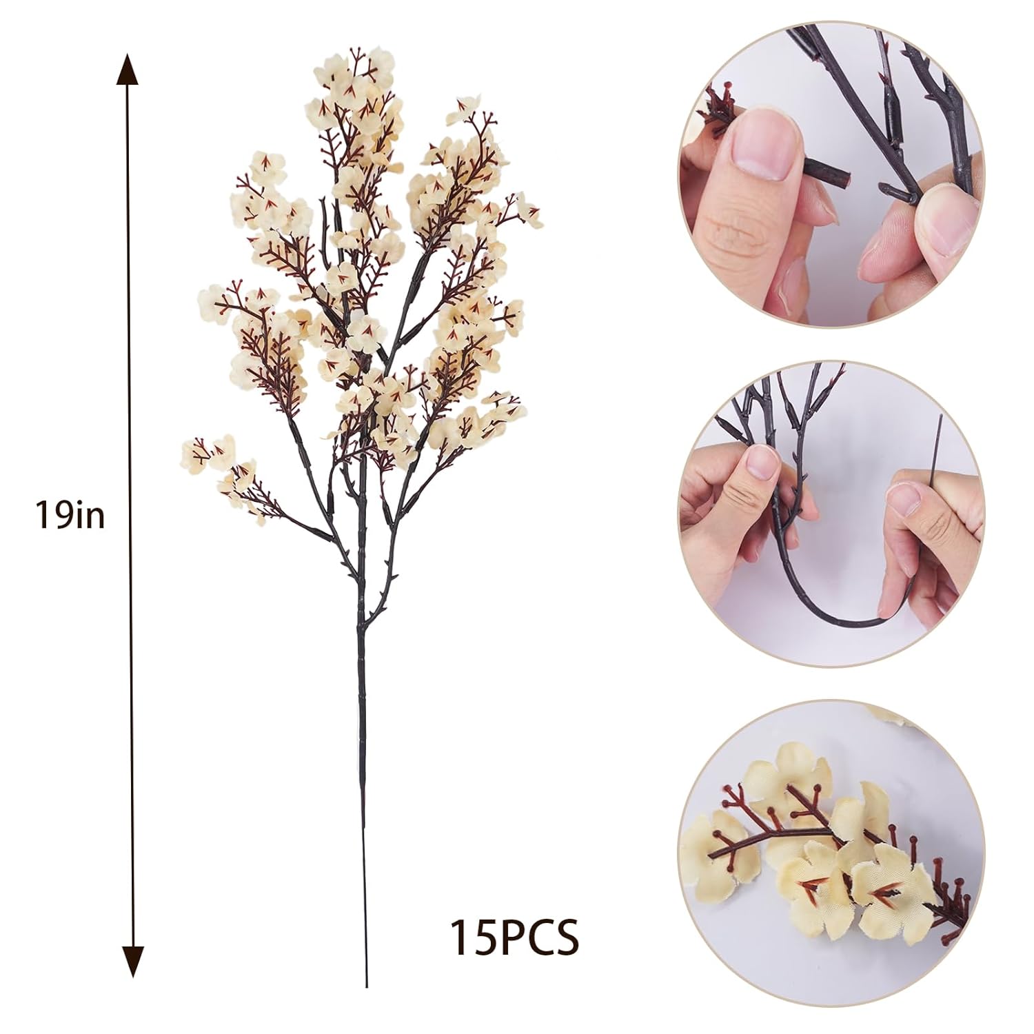 15 Pcs Artificial Flowers Baby Breath Faux Champagne Artificial Gypsophila Bouquet Fake Silk Flowers Real Touch For Home Office Kitchen Wedding Wall Diy Room Farmhouse Décor