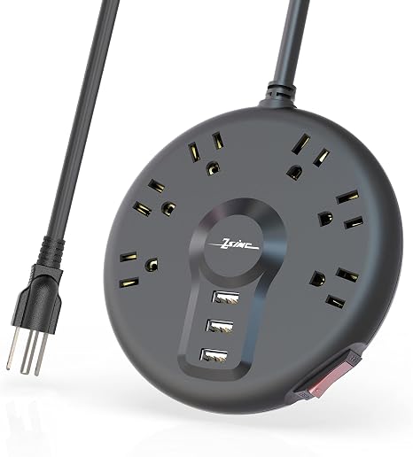 Power Strip 6 Outlets 3 USB Ports 6.5FT Extension Cord Flat Plug Black
