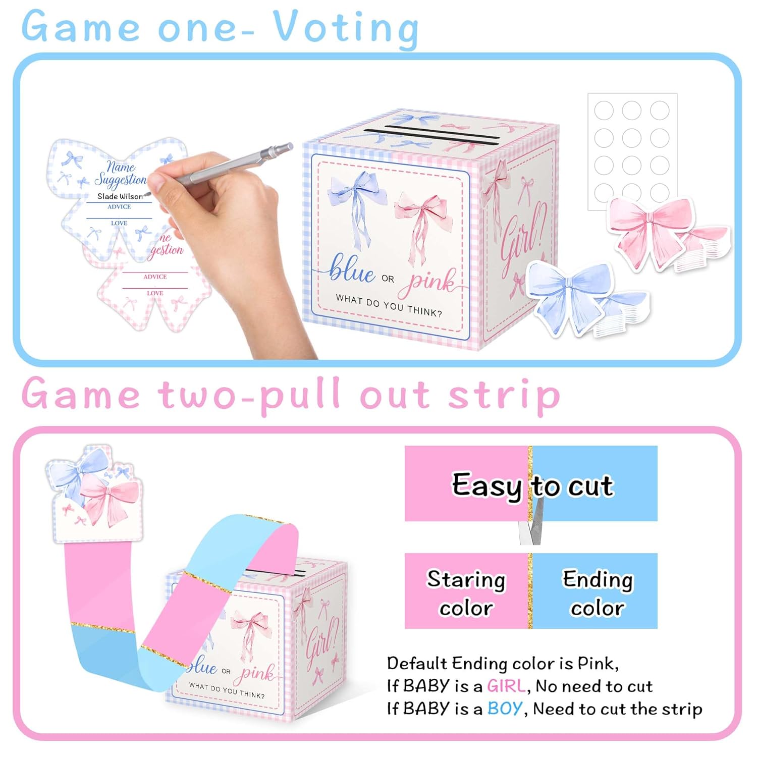 Bow Baby Shower Decoration, Gender Reveal Pull Out Game, Bow Baby Shower Game For Guests, Gender Reveal Box, Voting Box With 50 Ballot Cards, Boy Or Girl