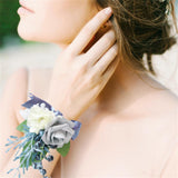 Wrist Corsage And Boutonniere Set Artificial Roses Flower Wedding Bridal Shower Homecoming Prom Corsage And Boutonniere For Groomsmen Bridesmaid Mother Girl Boys (Haze Blue)