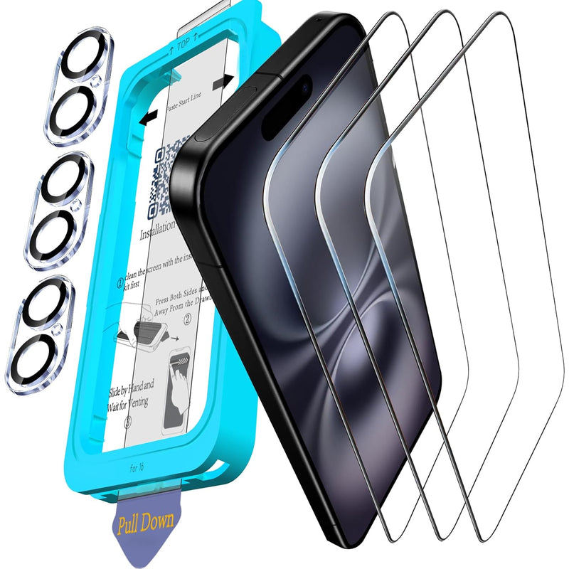 3 Pack Screen Protectors & Camera Lens Covers for iPhone 16, Case Friendly