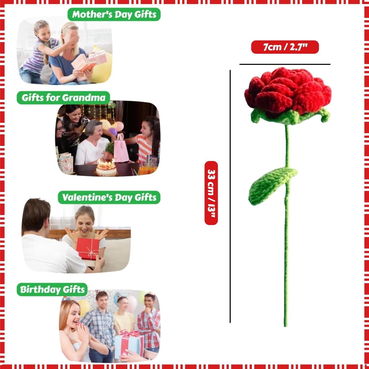 Crochet Flowers,3 Pcs Finished Handmade Red Roses, Knitted Artificial Flowers For Girl Gift Valentine'S Day Anniversary Wedding Mothers Day (Red)