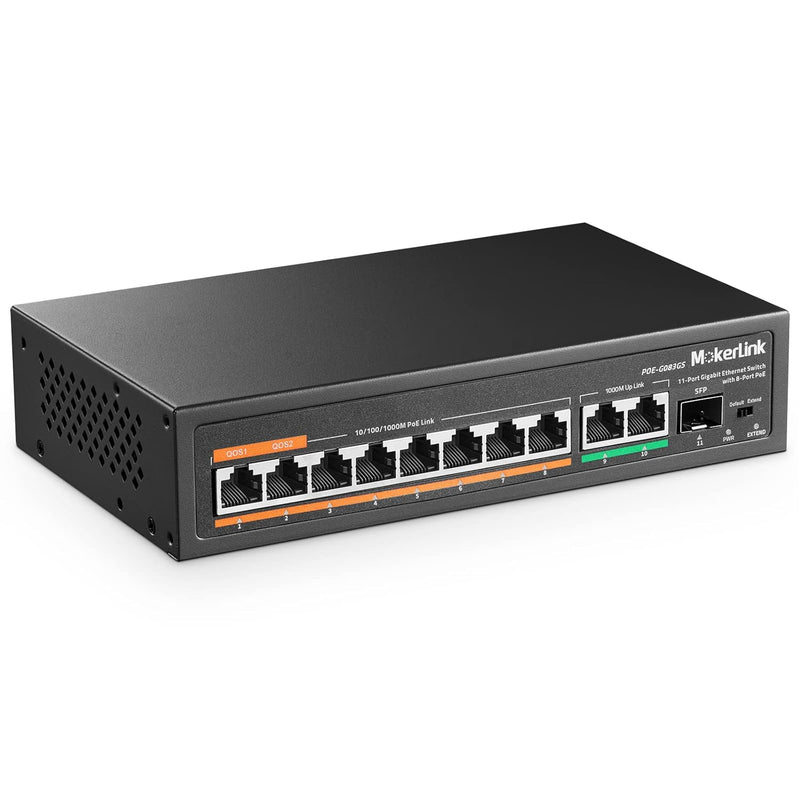 11 Port Gigabit Poe Switch With 8 Poe+ Port, 2 Gigabit Uplink, 1 Sfp Port, 120