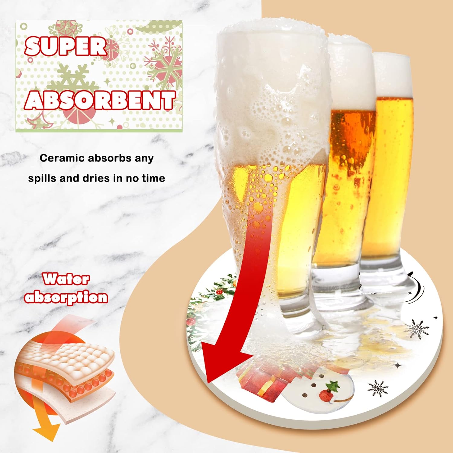 6 Pcs Valentine‘S Day Coasters Funny Bar Ceramic Drink Coasters Round Absorbent Coasters With Holder For Drinks Tabletop Protection Housewarming Birthday Mugs Cups Coffee Bar(Christmas)