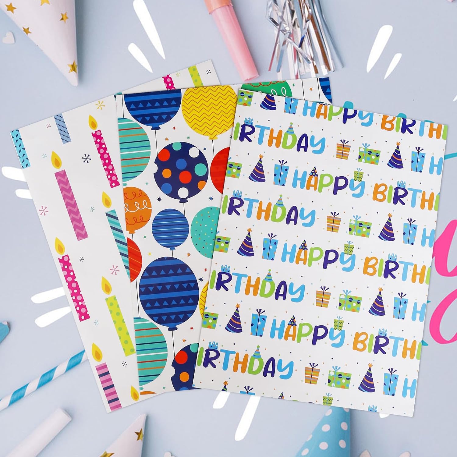 Birthday Wrapping Paper For Boys Girls Kids Men Women Holiday Party - 3 Large Sheets Colorful Balloon 'Happy Birthday' Candles Gift Wrap - 27 Inch X 39.4 Inch Per Sheet