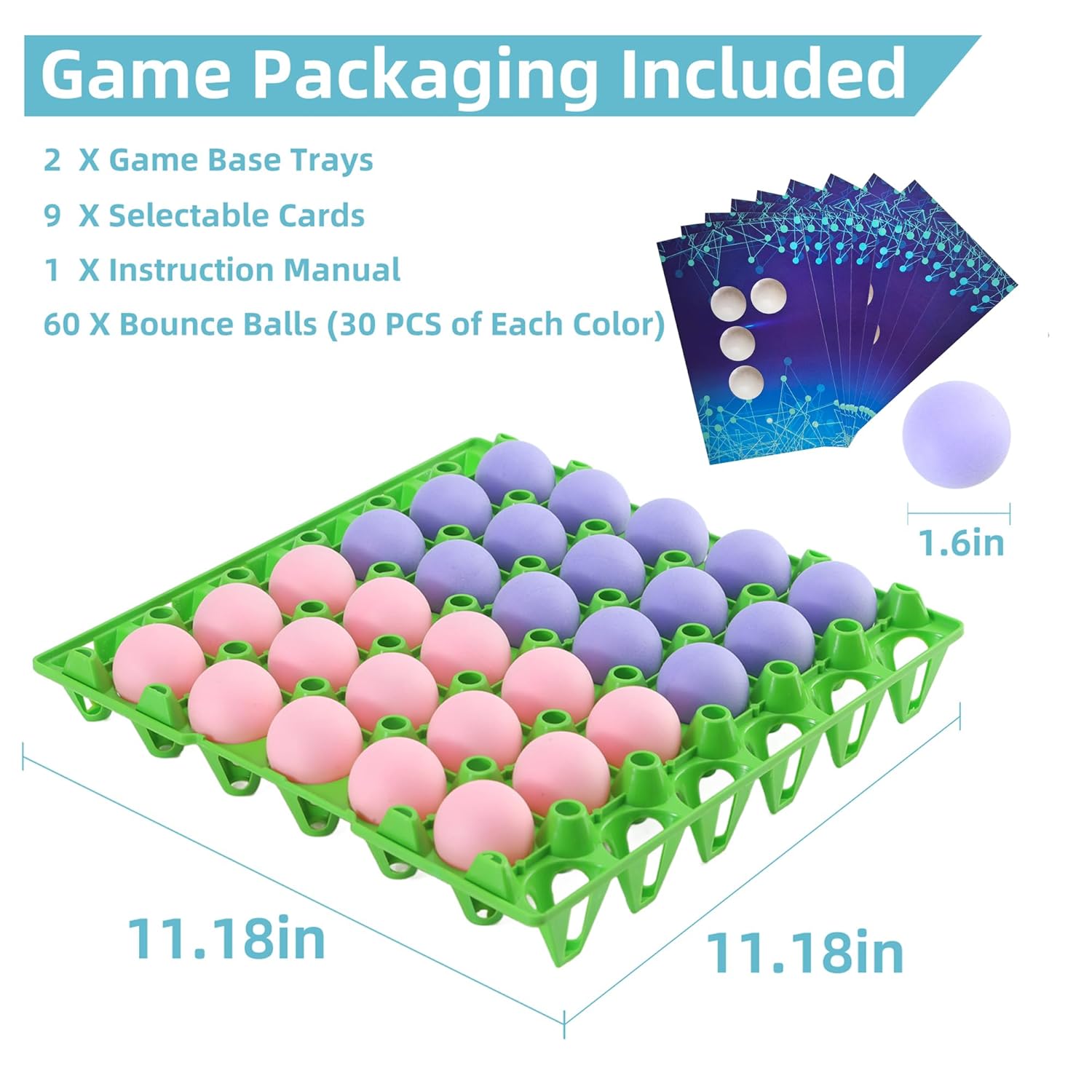 Bounce Ball Fun Party Game - 4 In A Row Games With 60 Balls & Cards - Indoor Outdoor Carnival Party Toys For Kids, Adults, Teens, Families, Game Night. 2-12 Players