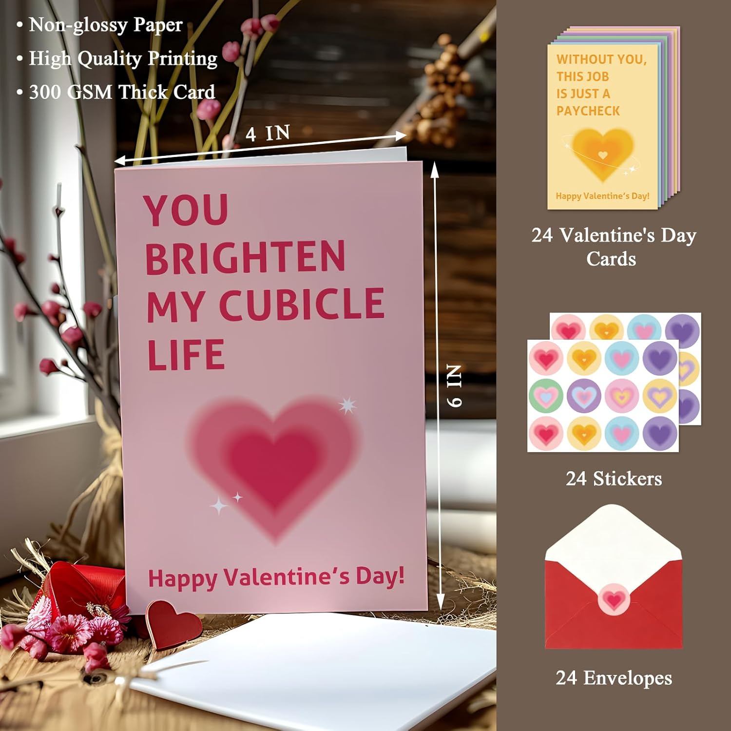 24 Pack Valentine'S Day Card Set For Coworker, Funny Coworker Valentines Cards With Envelopes And Stickers, Office Valentines Cards Gifts For Colleague, 4 X 6 In(8 Designs, 3 Each)