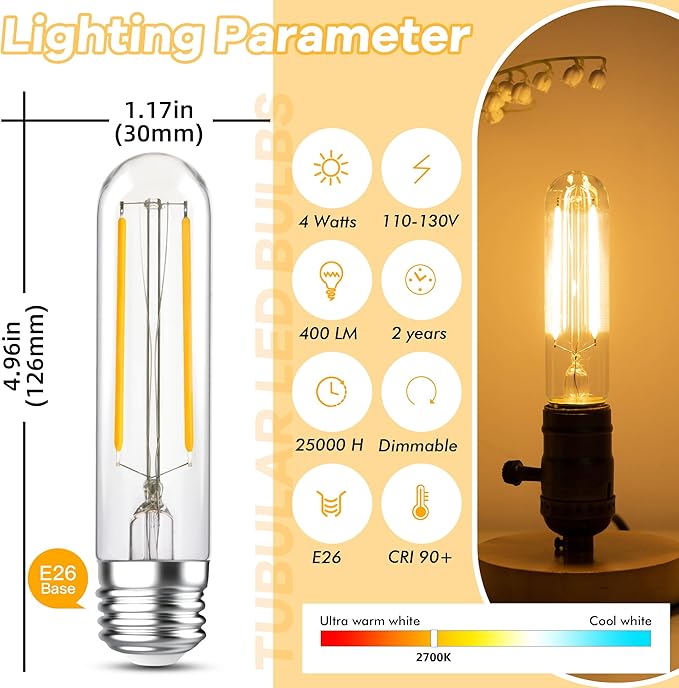 2 Pack T10 LED Tubular Bulbs 4W 2700K Warm White Dimmable E26 Edison Light Bulbs