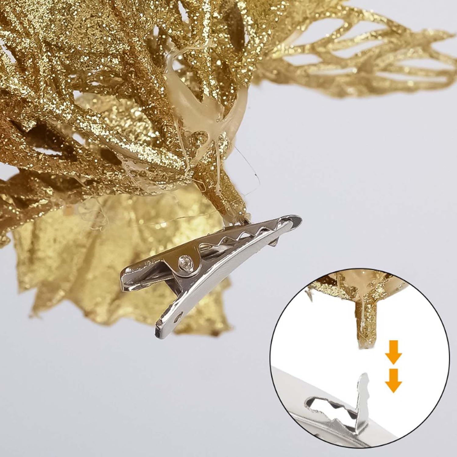 12 Pcs Gold Poinsettia Flower Artificial Poinsettias With Clips, Xmas Flower Decor With Stems, Glitter Poinsettia Christmas Ornaments, Diy Xmas Wreath Christmas Tree Decorations Home Party Decors