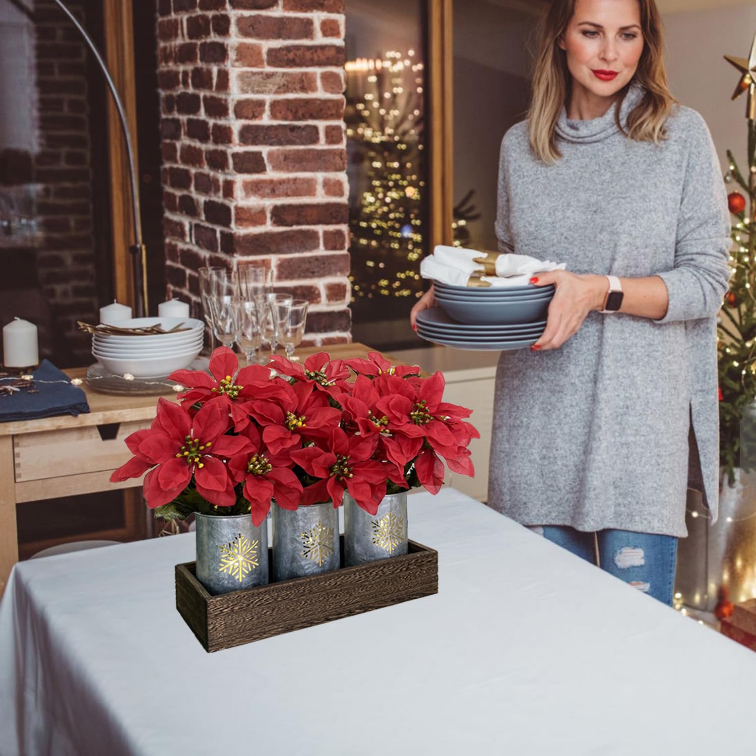 Poinsettias Artificial Christmas Flowers With Led Lights, Red Xmas Table Centerpiece In Pots And Wood Box For Decoration
