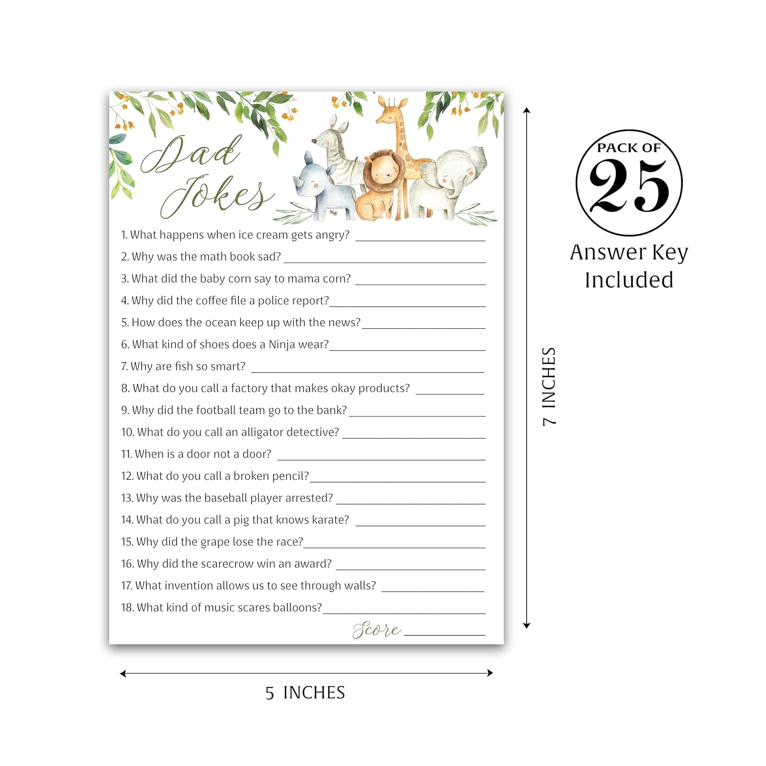 Dad Jokes Baby Shower Games, Safari Animals, Jungle Theme Baby Shower — Pack Of 25 — Fun Dad Joke Game, Funny Daddy Joke Trivia, Welcome To The Wild Shower, Gender Neutral, Birthday Activity G550-Djk