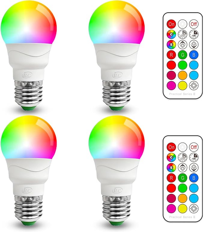 A15 Color Changing LED Light Bulbs 4 Pack RGBW 450LM E26 40W Equivalent with Remote Control