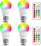 A15 Color Changing LED Light Bulbs 4 Pack RGBW 450LM E26 40W Equivalent with Remote Control