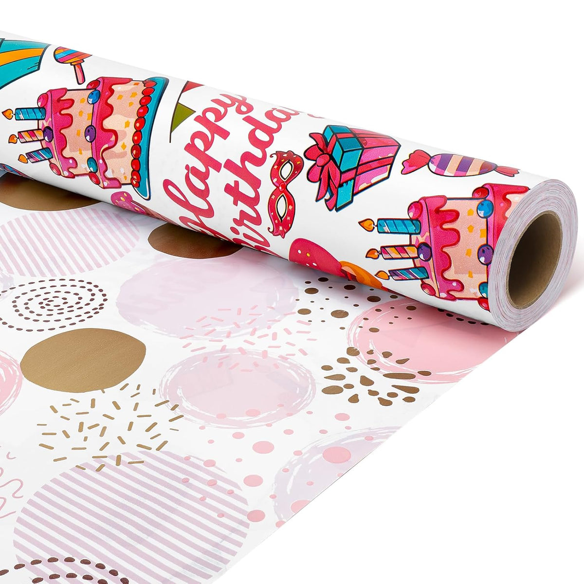 Reversible Birthday Wrapping Paper, Pink Wrapping Paper Mini Roll, Colorful Balloons And Cake Designs For Birthday Christmas Holiday Wedding Baby Shower, 17 Inch X 32.8 Feet