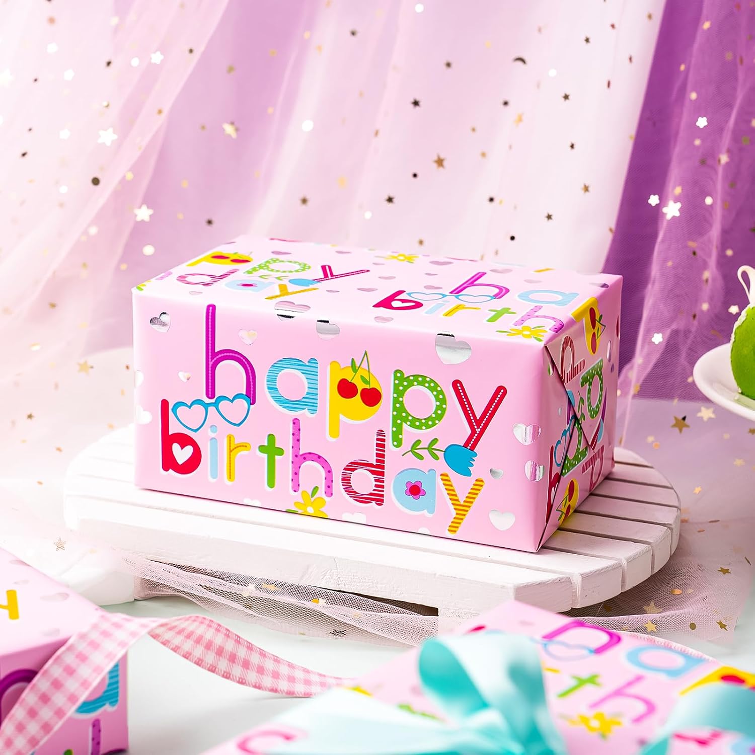 Pink Girls Birthday Wrapping Paper - Mini Roll - 17 Inch X 16.5 Feet - Colorful Happy Birthday Wrapping Paper With Silver Foil Hearts Design For Kids Girls, Baby Shower