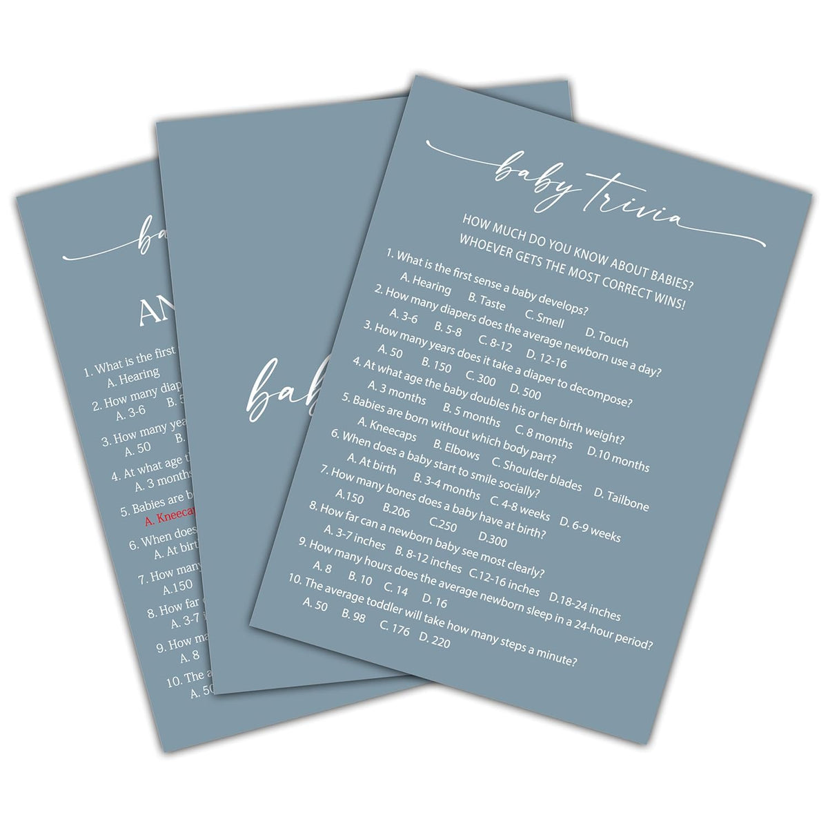 Blue Baby Shower Game, Baby Trivia Baby Shower Game Cards, Gender Reveal Party Game, Baby Shower Party Activities & Decorations -1 Answer Card & 25 Game Cards(A04)
