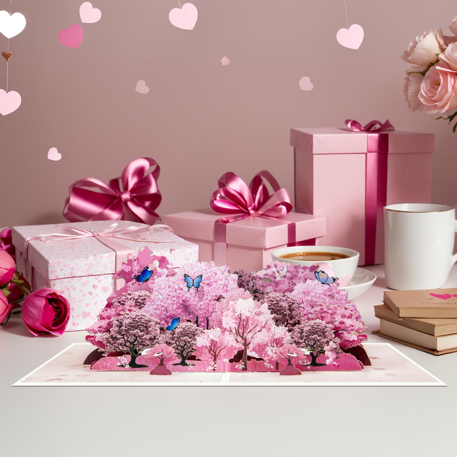3D Cherry Blossom Pop-Up Birthday Card – Elegant Pink Blossom Trees With Butterflies And Birds – For Spring, Valentine'S Day, Mother’S Day, And Anniversaries – Floral Pop-Up Card For Women