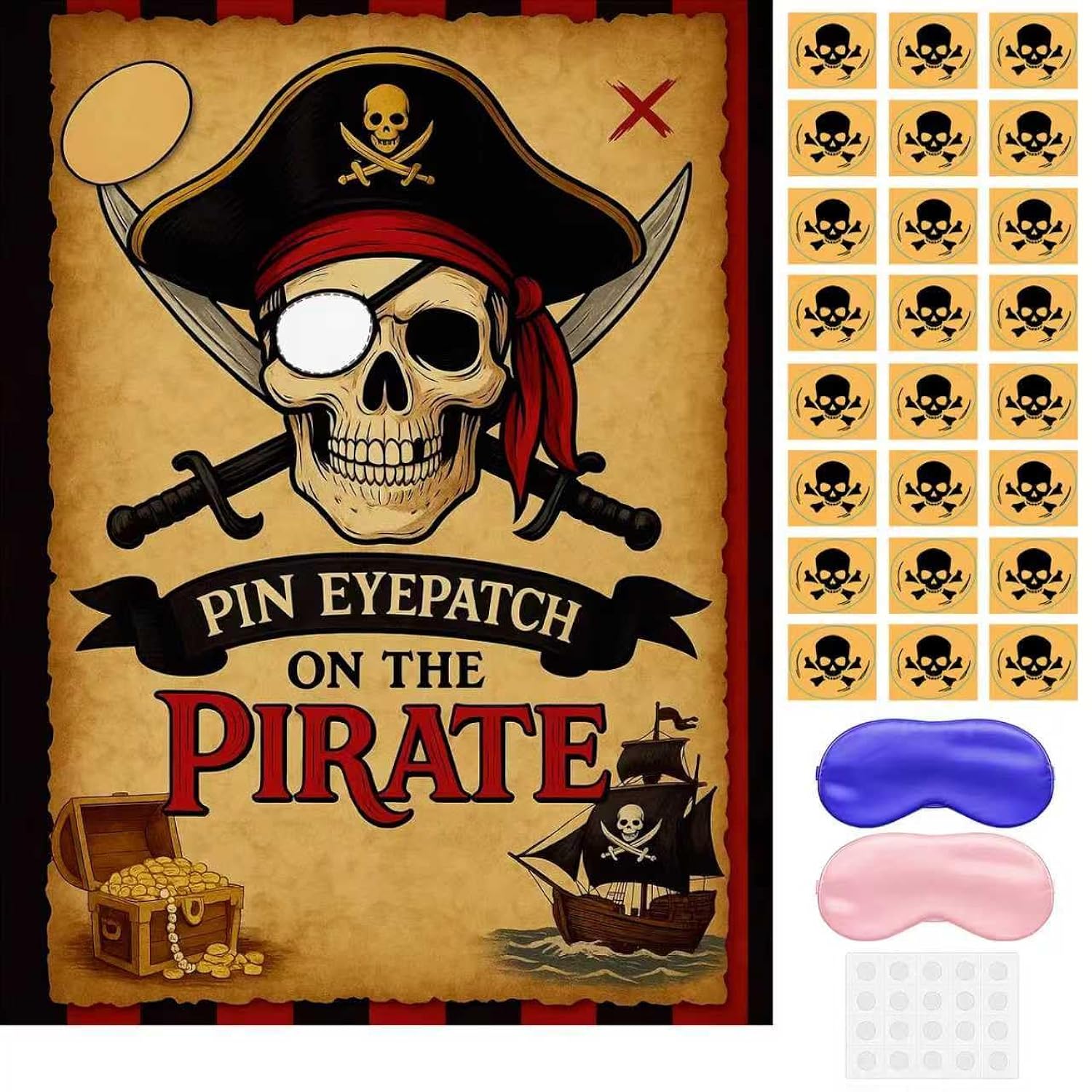 Pirate Party Games Pin The Eye Patch On The Pirates Birthday Decorations: Set Includes Skull Poster, 24 Stickers, And Blindfold For Pirates Birthday Party Decorations, Activities, And Supplies