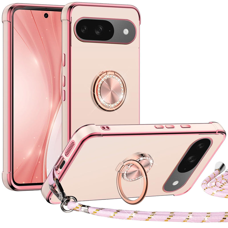 Pixel 9 Case, Bling, Ring Stand, Electroplated, Lanyard, Cute, Pink