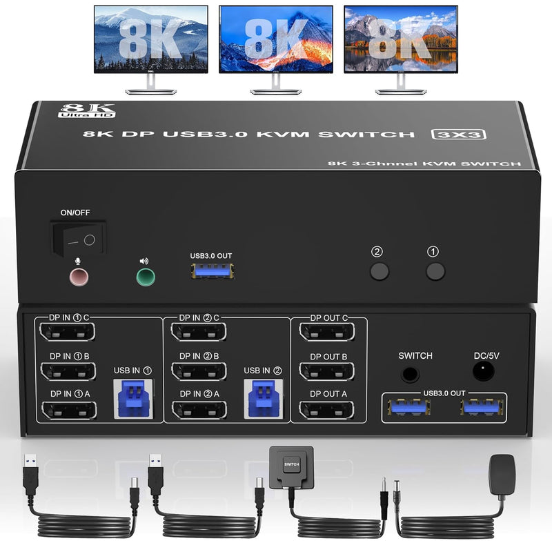 8K Displayport Kvm Switch Usb 3.0 Triple Monitor For 2 Computer, Kvm Switch 3