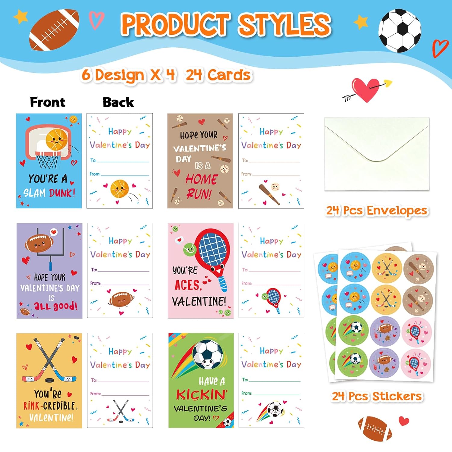 24 Pack Kids Valentine’S Day Cards With Envelopes & Stickers, Sports Themed Classroom Exchange Valentines Cards Bulk For School, Valentine Party Favors For Boys Girls Valentine‘S Day Gifts
