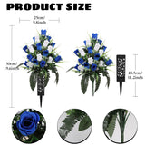 2 Sets Artificial Cemetery Flowers Grave Flowers With Vase, Gravesite Memorial Flowers For Cemetery Lasting And Non-Bleed Colors(White+Blue)