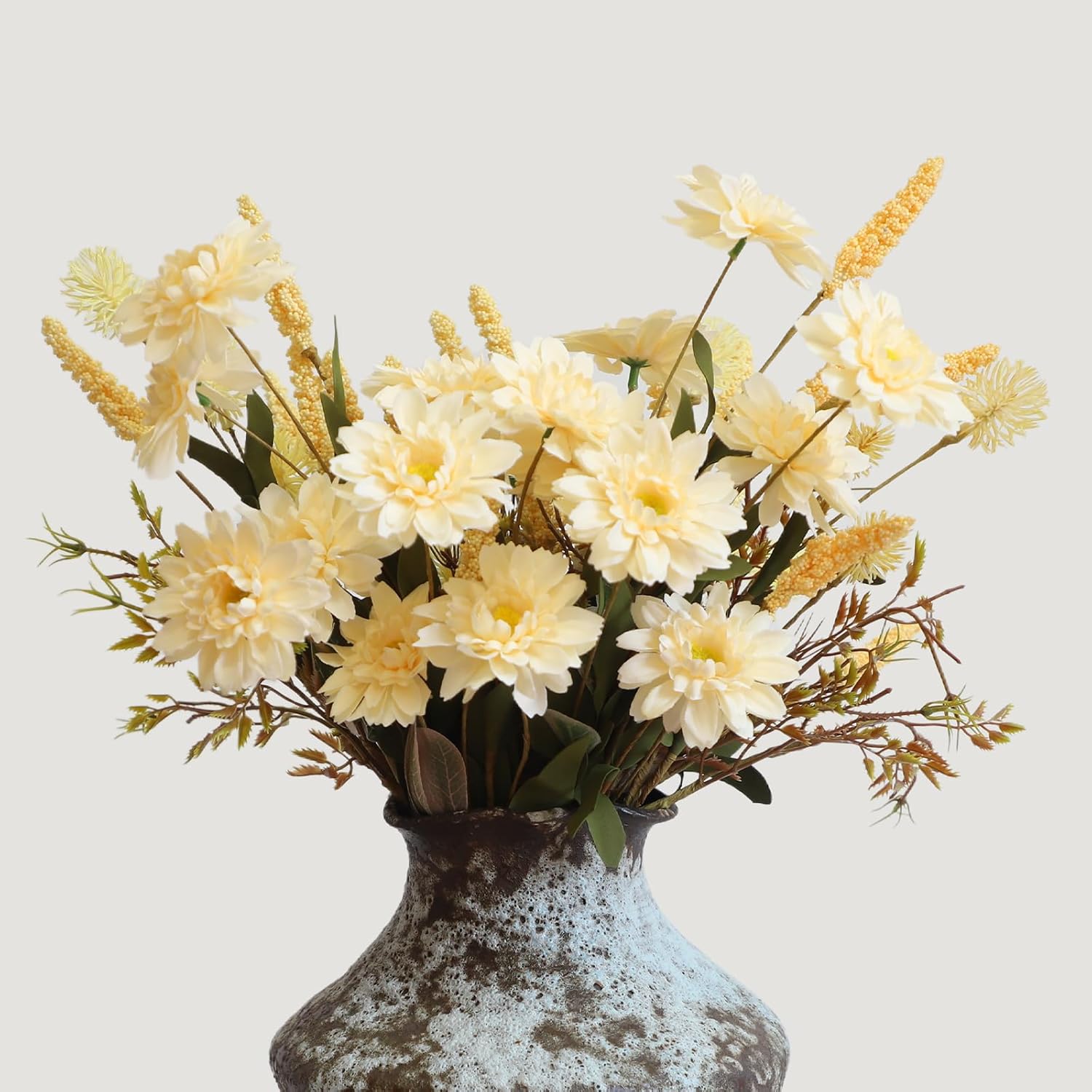 Artificial Mums Bouquets Faux Daisy Flowers, 4 Bunches Handmade Flowers, 17.7" Natural Farmhouse Mums Bouquets For Winter Home Decor, Indoor Decor & Table Centerpieces(Pale Yellow)