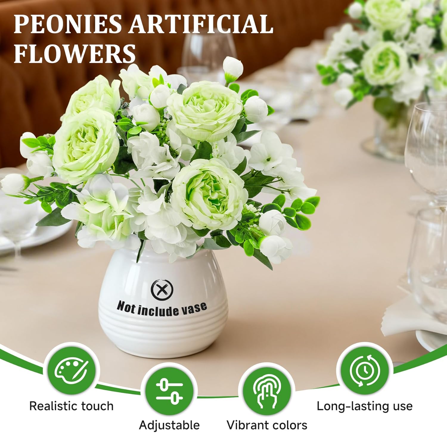 2 Packs Peonies Artificial Flowers,Silk Fake Peonies Faux Peonies Bouquet For Centerpiece Table Wedding Party Home Decor (2, White Green, Large)
