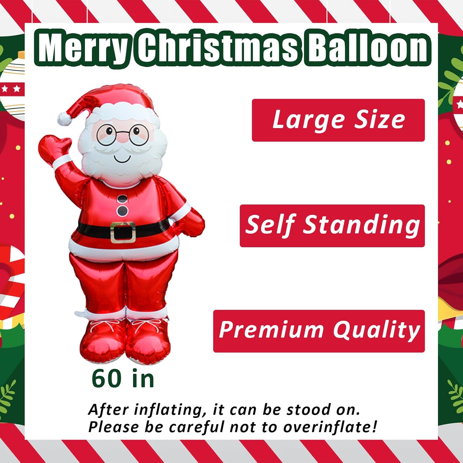 60 In Standing Santa Claus Christmas Balloons, Large Size Foil Balloon For New Year Eve Holiday Festival Birthday Party Decorations (Santa Claus)