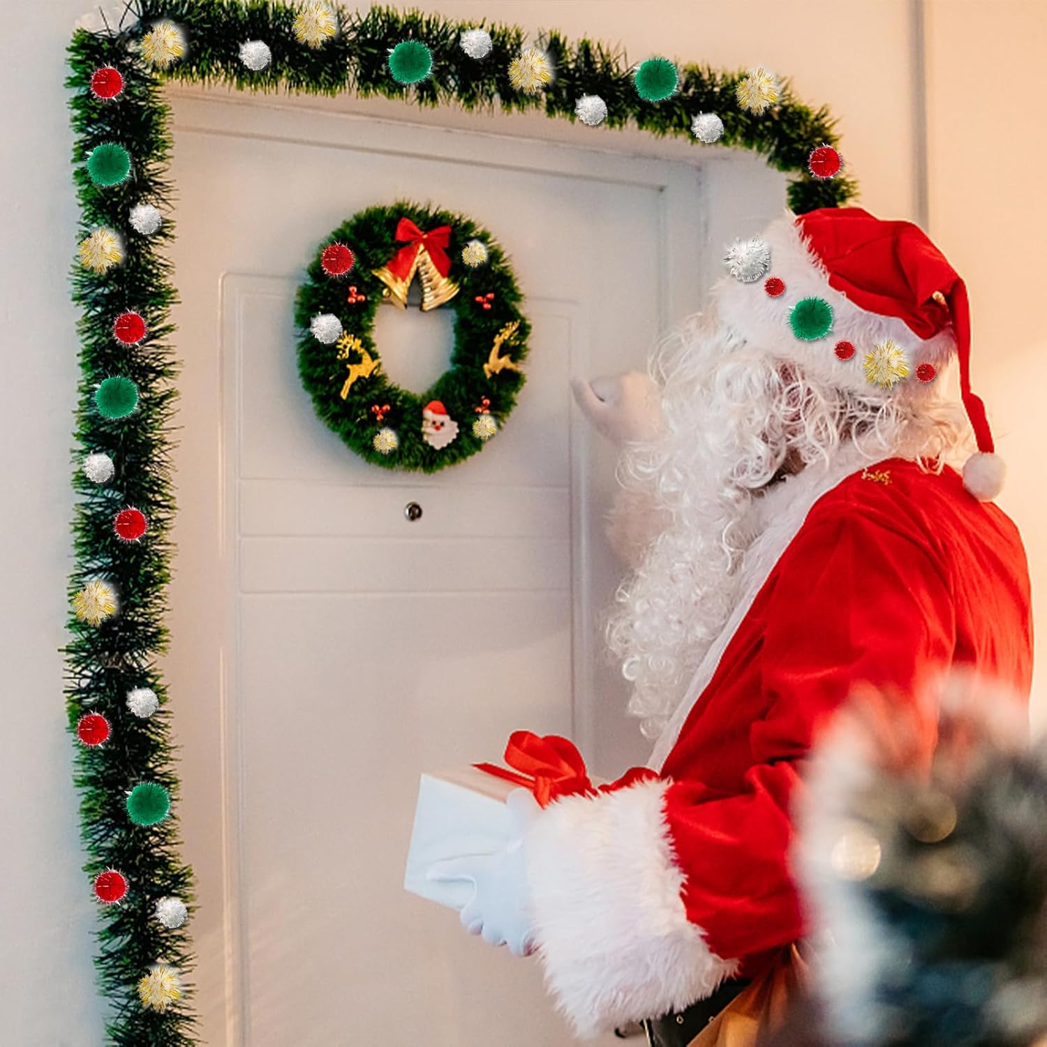 1200 Pieces Christmas Pom Pom Tinsel Glitter Pom Pom Balls For Crafts And Decorations(4 Sizes, Gold, White, Red, Green)