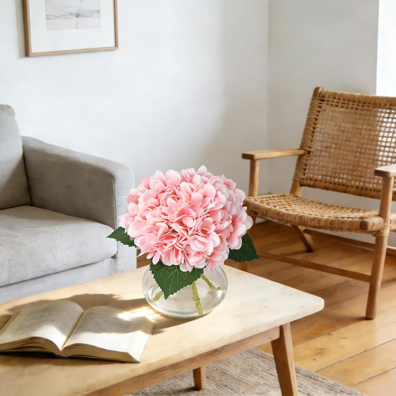 Artificial Hydrangea Flowers With Glass Vase & Fake Water - Faux Hydrangea For Home Table, Wedding Party, Office Decor | Realistic Fake Hydrangeas, Silk Flowers For Vase Arrangement (Hydrangea, Pink)