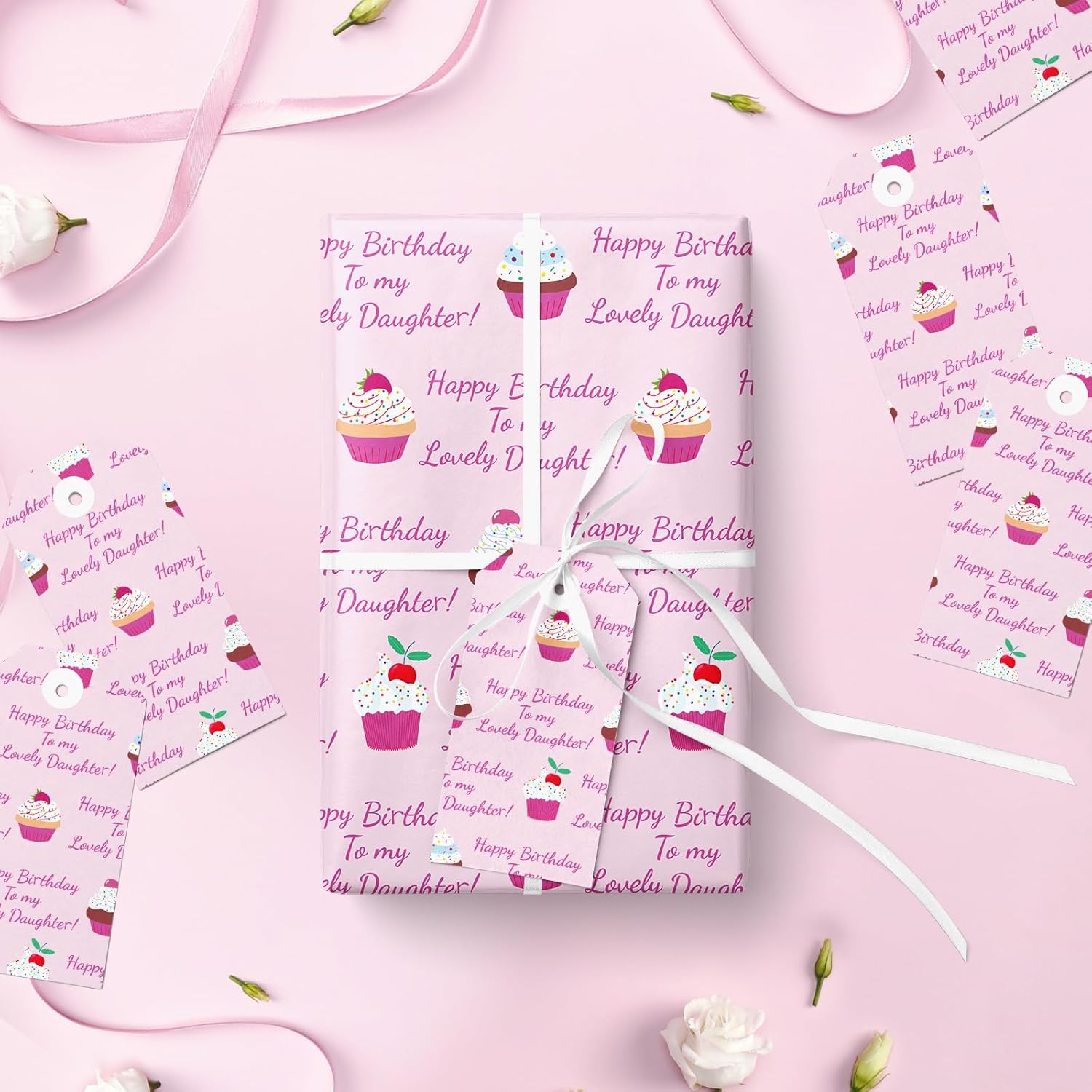Cupcake Birthday Wrapping Paper Roll For Daughter, Pink Cupcake, Happy Birthday To My Lovely Daughter Gift Wrap For Daughter'S Birthday Of All Ages, Baby Girl, Mini Roll, 17Inches X 16.4Feet