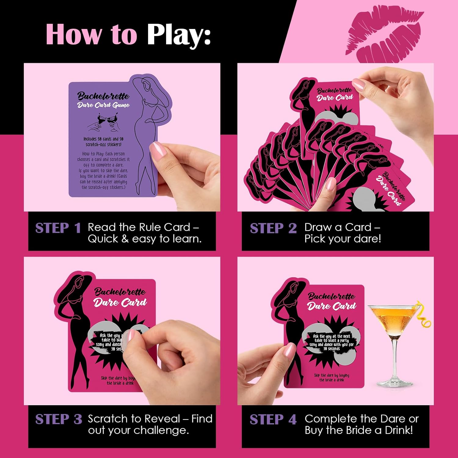 Bachelorette Party Games For Adults - 50 Scratch Off Cards With Reusable Stickers, Fun & Daring Bachelorette Games For Bride Tribe, Girls Night Games, Bridal Shower & Party Favors