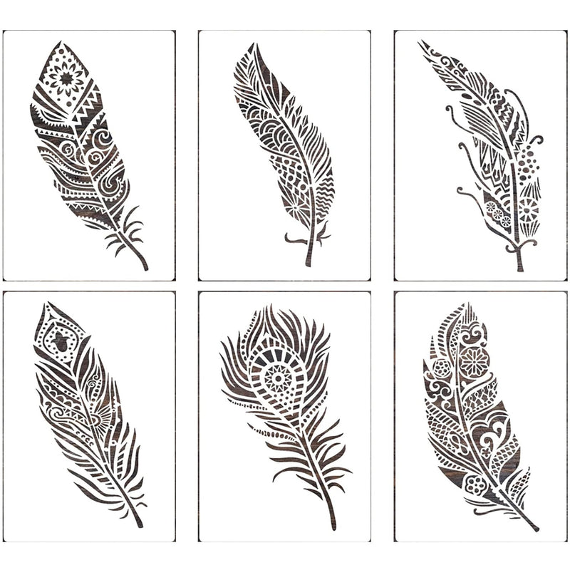 Feather Stencil, 6Pcs Large Decorative Mandala Feather Stencil Mandala Stencil