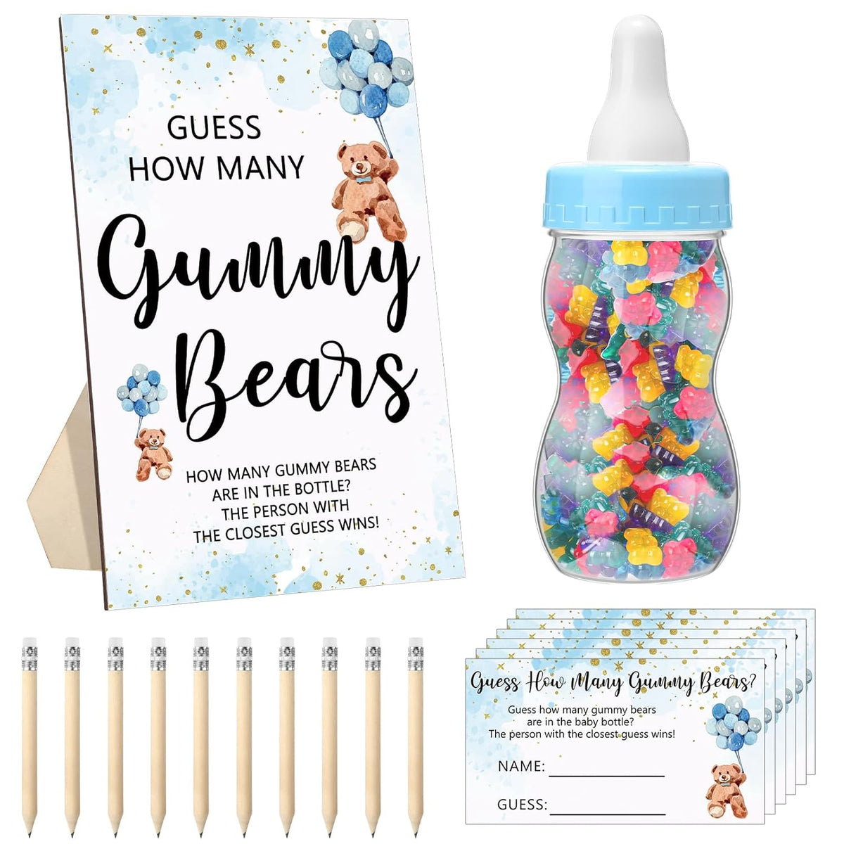 122 Pcs Baby Shower Games Guess How Many Bears 100 Guessing Cards 20 Pencils 1 Bottle 1 Wood Standing Sign For Baby Shower Games Gender Reveal Party Decoration(Blue)