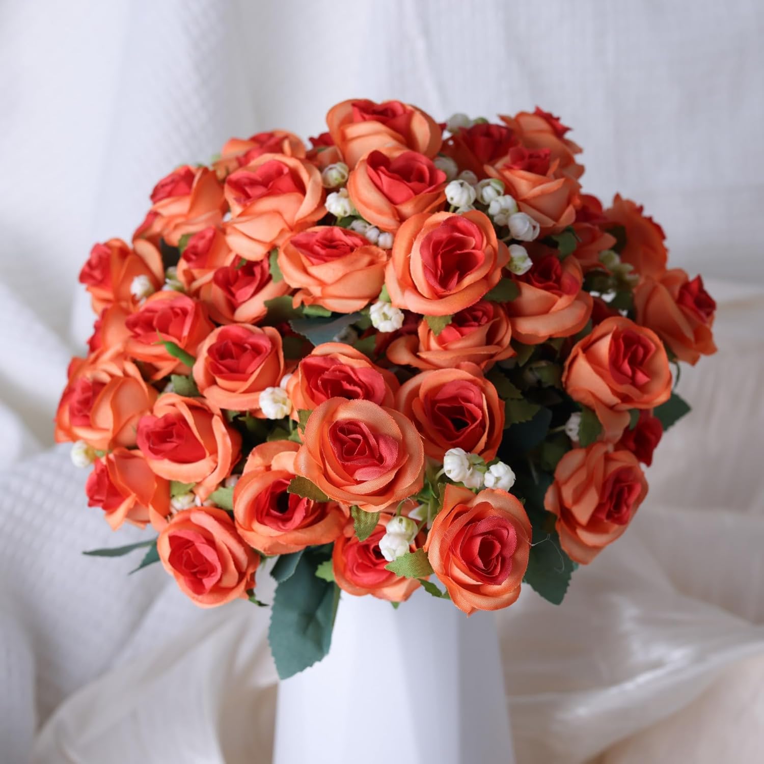 6-Pack Orange Silk Rose Bouquets, 60 Roses Artificial Flowers Heads With Faux Baby'S Breath Stems Leaves, Fake Roses For Wedding Bouquets, Centerpieces & Home Table Décor