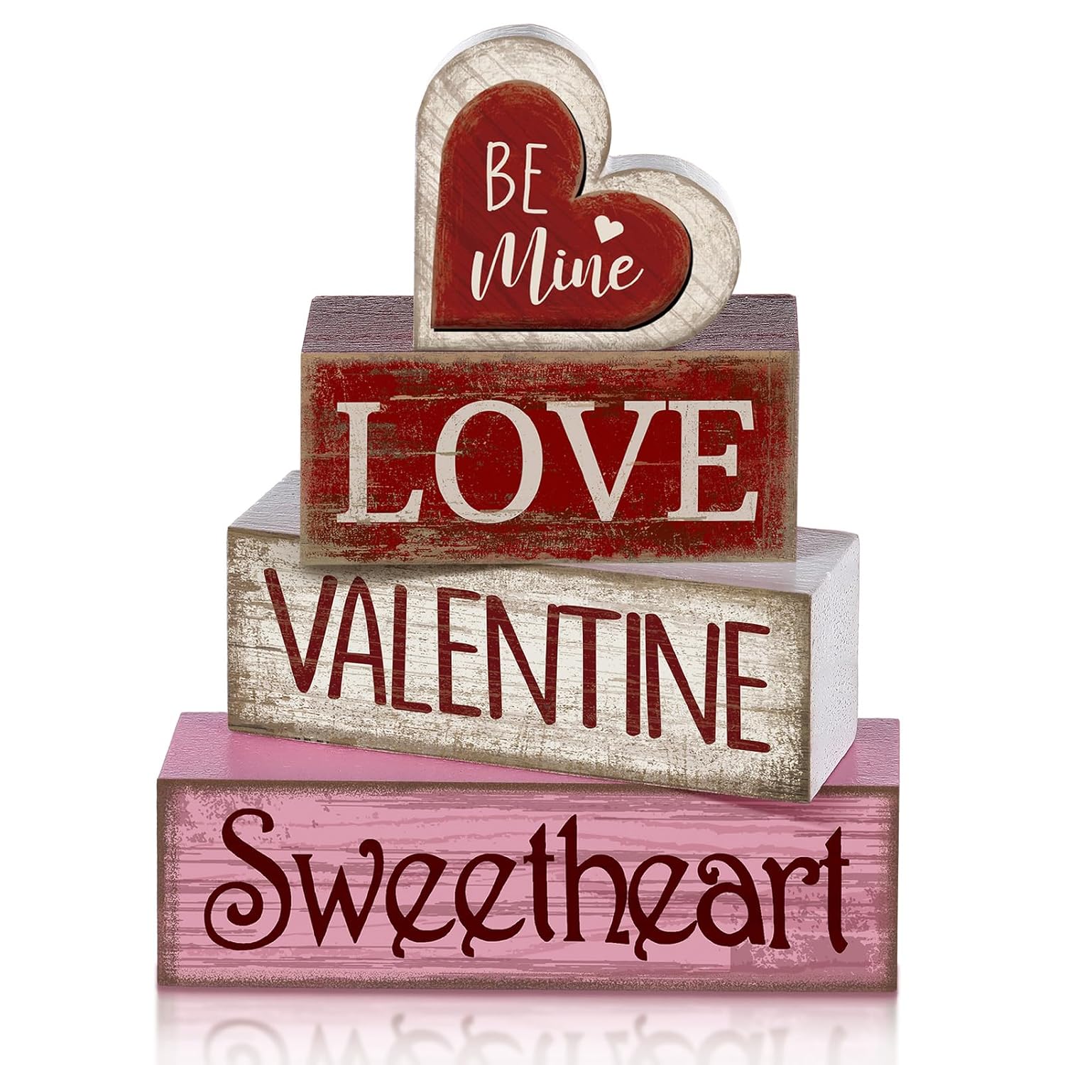 4 Pcs Valentine Table Decor Wooden Red Love Decoration, Valentine'S Day Be Mine Centerpiece, Valentine Tiered Tray Decor Red Heart Block Signs Gift For Farmhouse Home Kitchen
