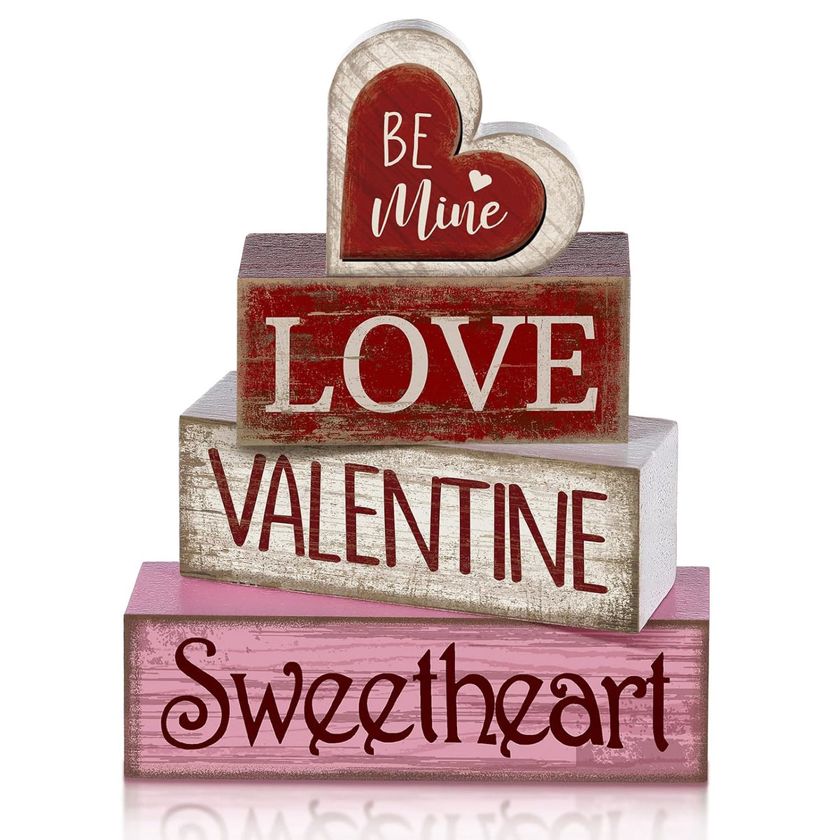 4 Pcs Valentine Table Decor Wooden Red Love Decoration, Valentine'S Day Be Mine Centerpiece, Valentine Tiered Tray Decor Red Heart Block Signs Gift For Farmhouse Home Kitchen