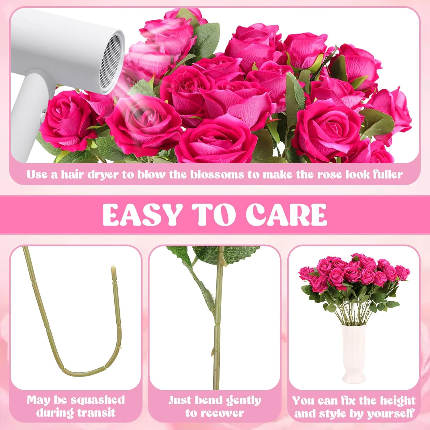 36 Pcs Velvet Silk Hot Pink Rose Bouquet Bridal Artificial Flowers,Fake Rose Long Stem Realistic Artificial Flowers Bulk For Wedding Bouquet Ball Arrangement Centerpiece Party Decor(Hot Pink)