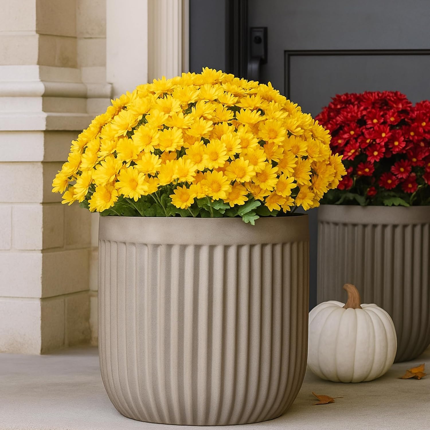 5Pcs Funsdecor Artificial Sunset Mums, Waterproof & Windproof Fake Flowers For Outdoor Fall Decor, Realistic Daisy With Eucalyptus, Full & Vibrant Look (Yellow)