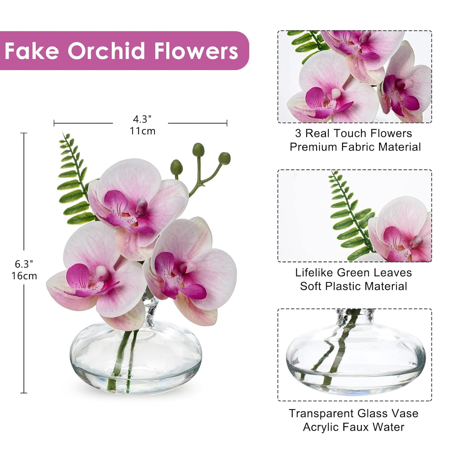 Pink Orchids Artificial Flowers Faux Orchids Arrangement In Clear Glass Vases Set Of 3 Real Touch Phalaenopsis Orchid Flowers Small Fake Orchid Centerpiece For Dining Room Table