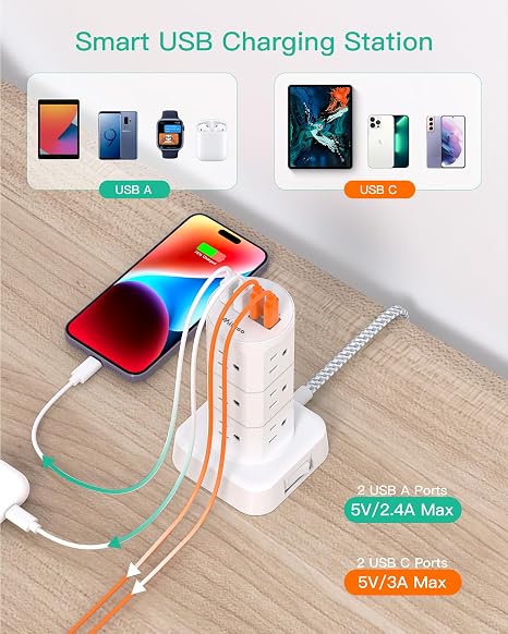 Tower Surge Protector Power Strip with 12 Outlets 4 USB Ports 6FT Flat Plug Extension Cord 1080J