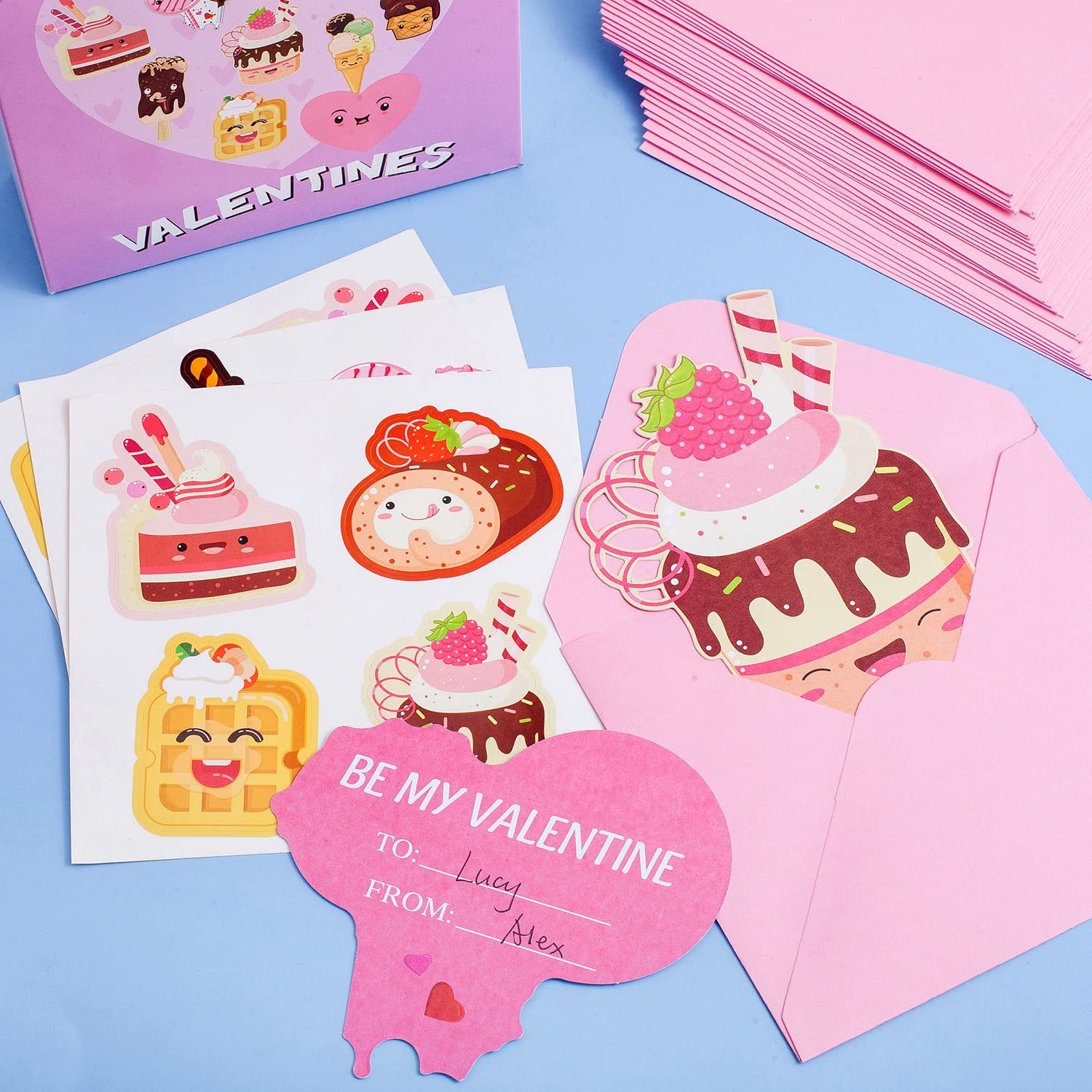 Valentines Day Cards For Kids 96 Pack With 32 Kids Dessert Valentine Cards, 32 Pink Gift Envelopes, 32 Dessert Stickers Kids Valentines Day Greeting Cards School Classroom Exchange Gifts