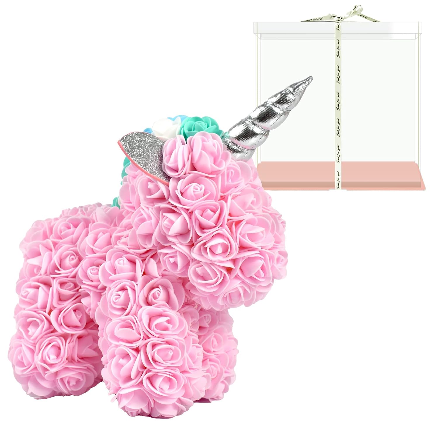Rose Flower Uicorn Handmade Flower Mythical Beast Simulation Foam Rose Bear For Christmas Valentine'S Day Birthday (Light Pink)