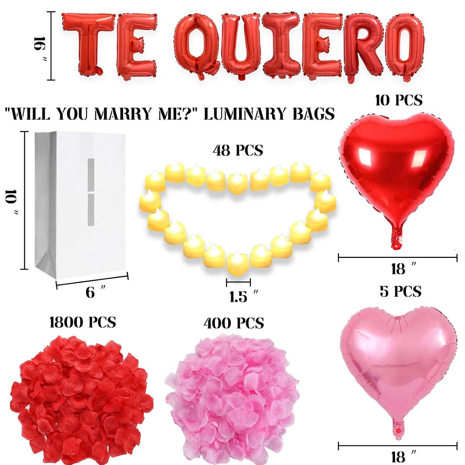 Puedo Ser Tu Novio Lighted Letters Sign 17Pcs Luminary Paper Bags 2200Pcs Red Pink Artificial Rose Petals 48Pcs Flameless Led Candle Tealight 15Pcs Heart Balloons Romantic Night Valentine'S Day