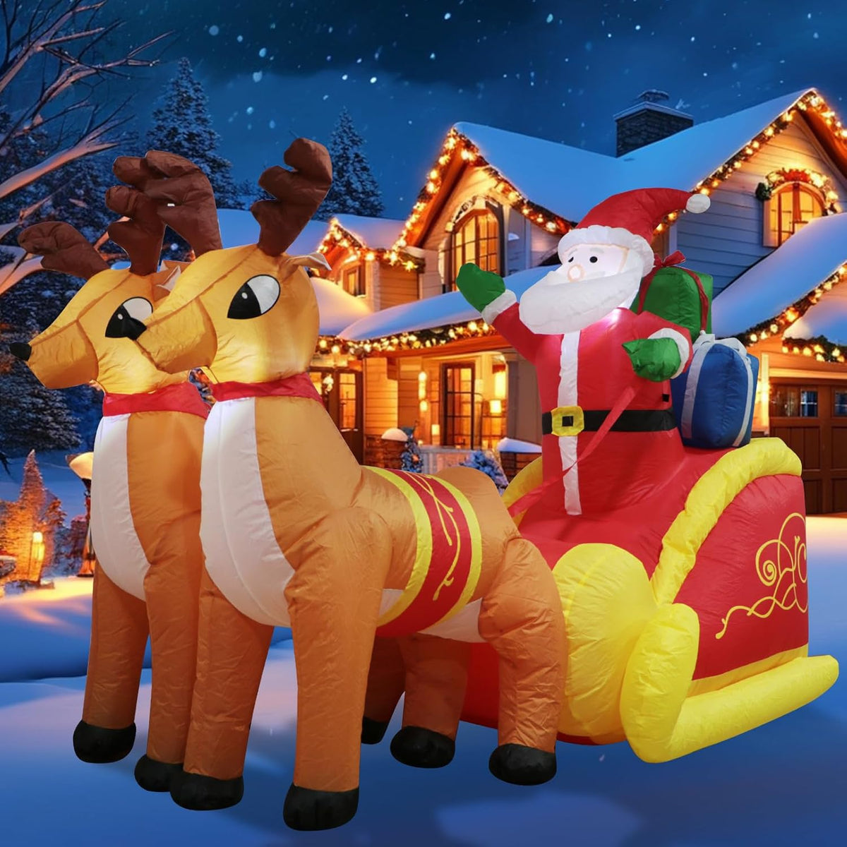 7Ft Long Christmas Inflatable Indoor Outdoor Decoration, Santa Carries Gifts On A Red Sleigh Pulled By 2 Reindeer Blow U