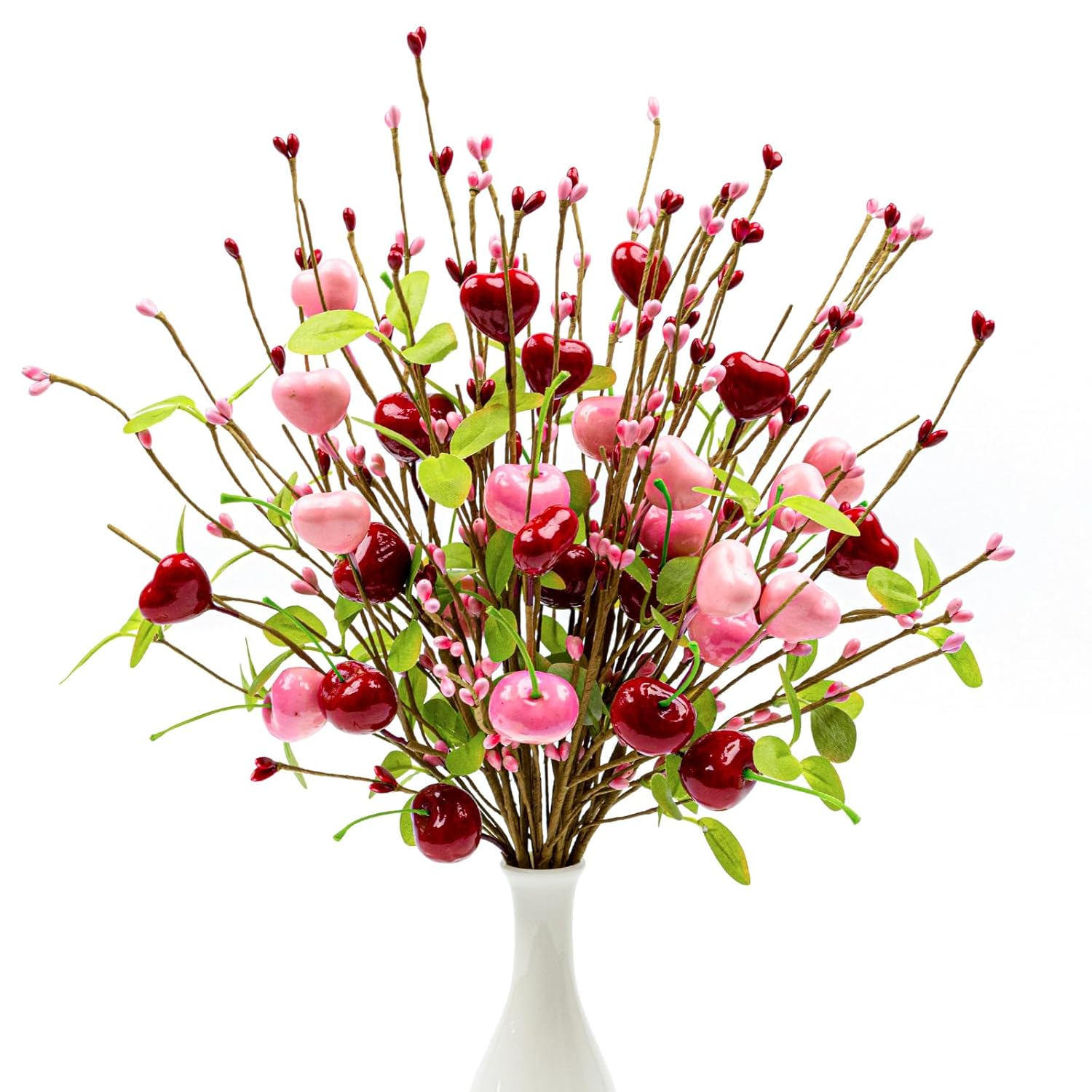 12 Pcs Valentine Table Centerpieces 17 Inches Valentines Picks Valentines Day Floral Stems Romantic Heart Flower Picks With Cherry For Gift Vase Table Centerpiece Wedding Indoor Decor