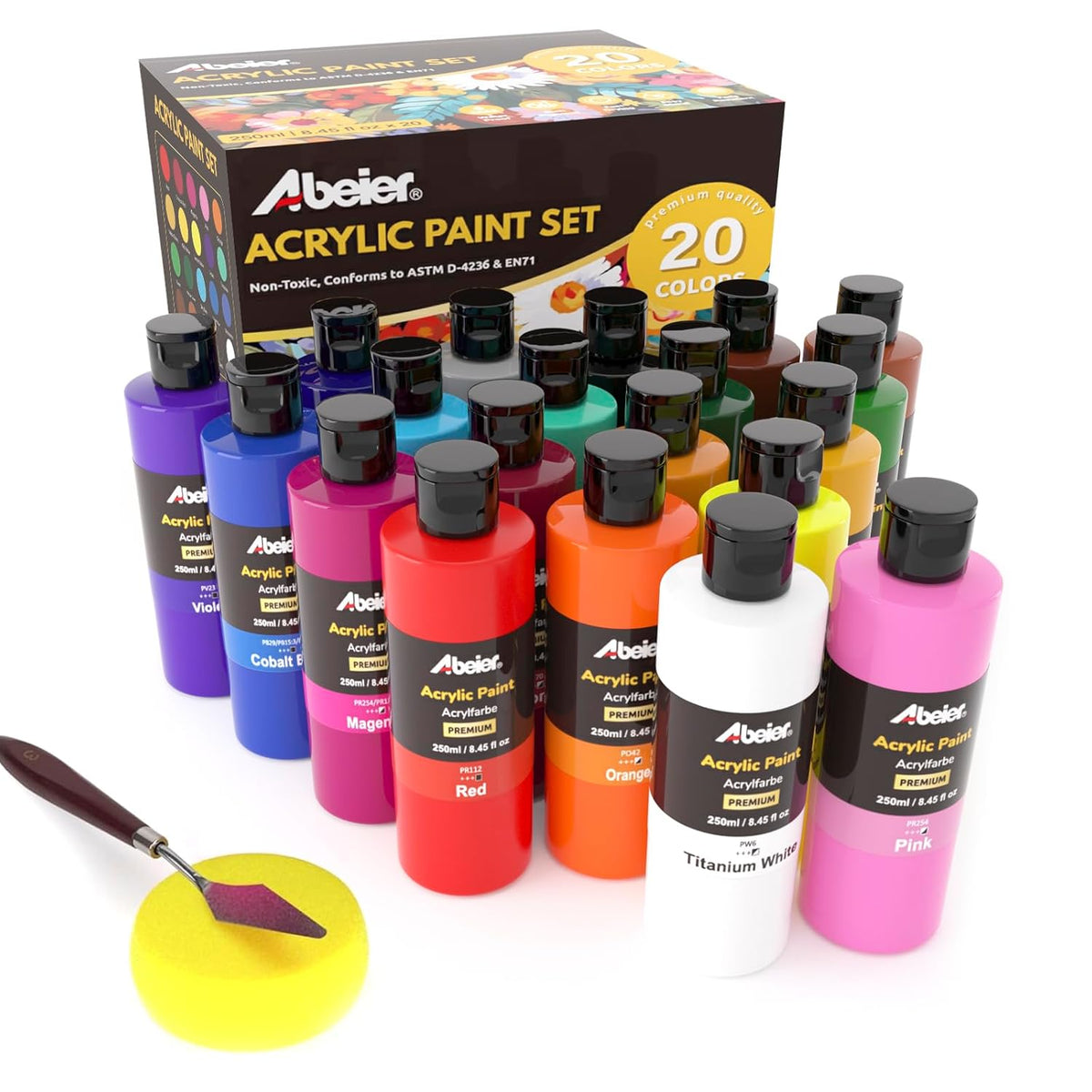 Acrylic Paint, 20 Colors (250 Ml/8.45Oz) Acrylic Paint Bottle Set, Non-Toxic, Rich Pigments Bulk Painting Supplies For Canvas Crafts Wood Ceramic, Ideal For Artists, Beginners And Students